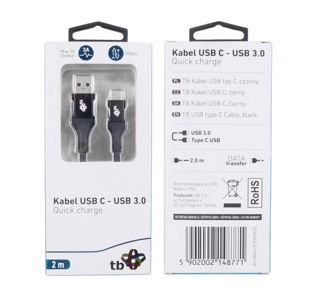 USB kabel USB 3.0 - USB-C 2m Premium 3A zwart