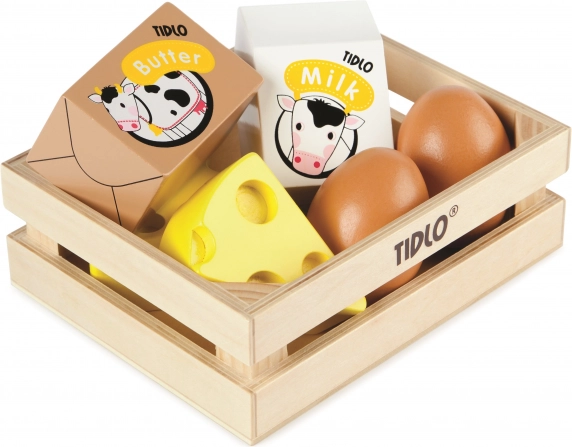 Tidlo houten kistje met zuivelproducten en eieren