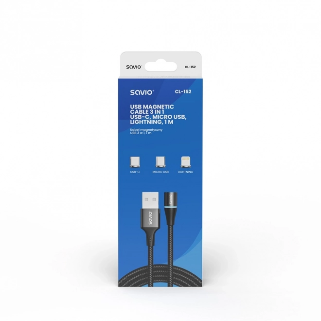 Magnetische USB-kabel Savio 3-in-1 type C, Micro en Lightning, zwart, 1m