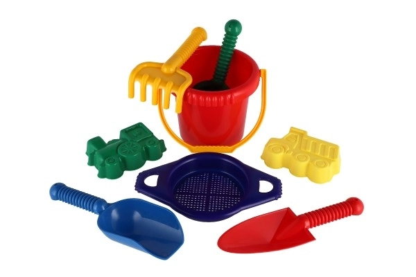 Emmer met zeef, schep, handelsschep en harkjes van plastic in netje 20x28x12cm 12m+