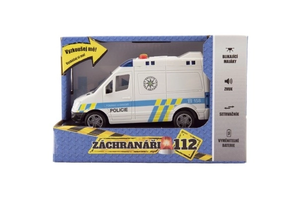 Auto politie bestelwagen kunststof 15cm op traagstart met batterijen, met geluid en licht in doos 19x13x9cm