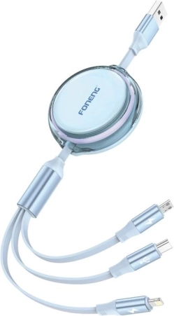 Foneng kabel 3-in-1 met telescopische oprolmechanisme 1,1 m blauw