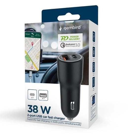 Snelle zwarte USB-A/USB-C autolader 38W PD