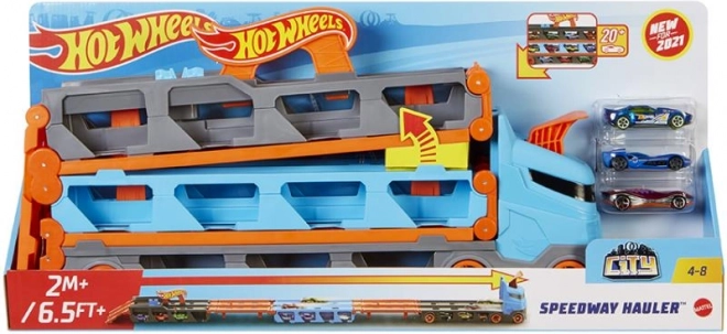Hot Wheels racetransporter 2-in-1 met 1,8 m baan en opbergruimte voor 20 autootjes
