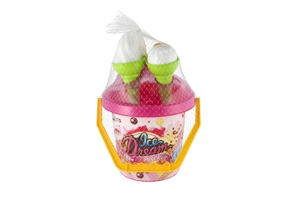 Zandset plastic emmer + ijshoornvormpjes 2 kleuren in net 18x28x17cm 12m+