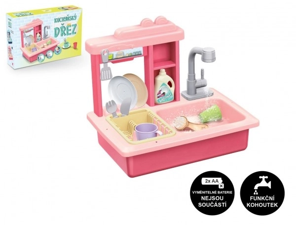 Gootsteen voor afwassen roze + kraan voor water op batterijen plastic met accessoires in doos 46x28x12cm