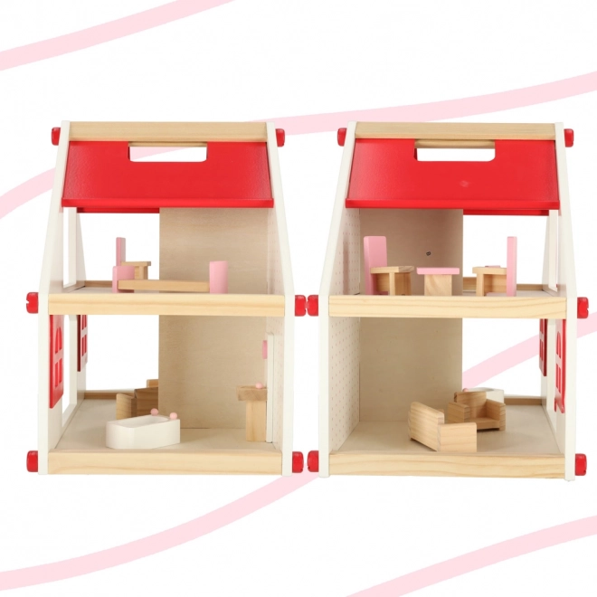 Houten poppenhuis roze Montessori met meubels en accessoires