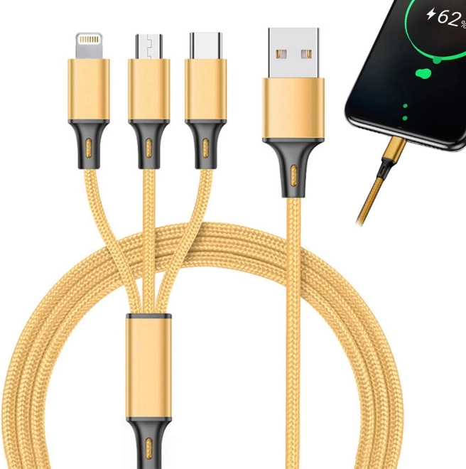 Universele 3‑in‑1 oplaadkabel met Lightning-, Micro‑USB- en USB‑C‑connectoren 1,2 m – Goud