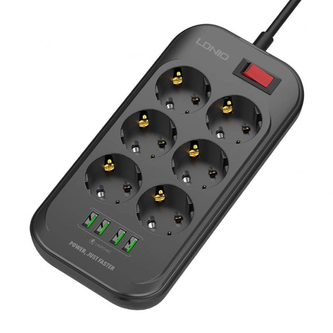 Stekkerdoos met 6 stopcontacten, 4x USB, LDNIO SE6403, 2m (zwart)