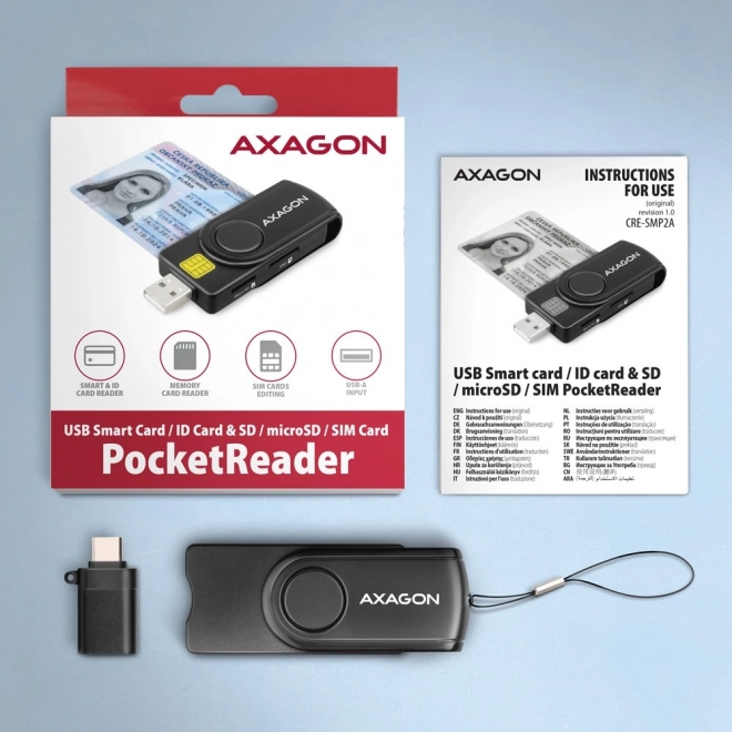 Zakkenkaartlezer AXAGON voor ID, SD, microSD en SIM kaarten met USB