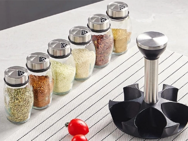 Draaibare kruidenorganizer met glazen potten
