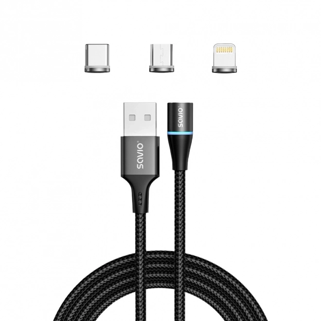 Magnetische USB-kabel Savio 3-in-1 type C, Micro en Lightning, zwart, 1m