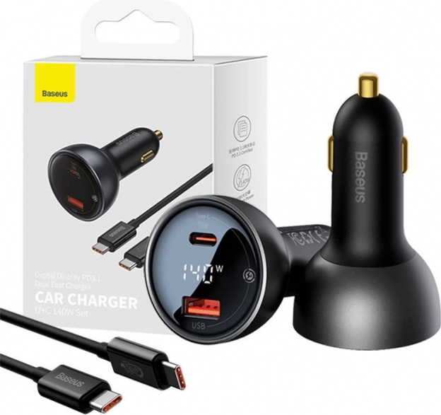 Autolader Baseus Superme met display, USB‑C + USB, 140 W, zwart