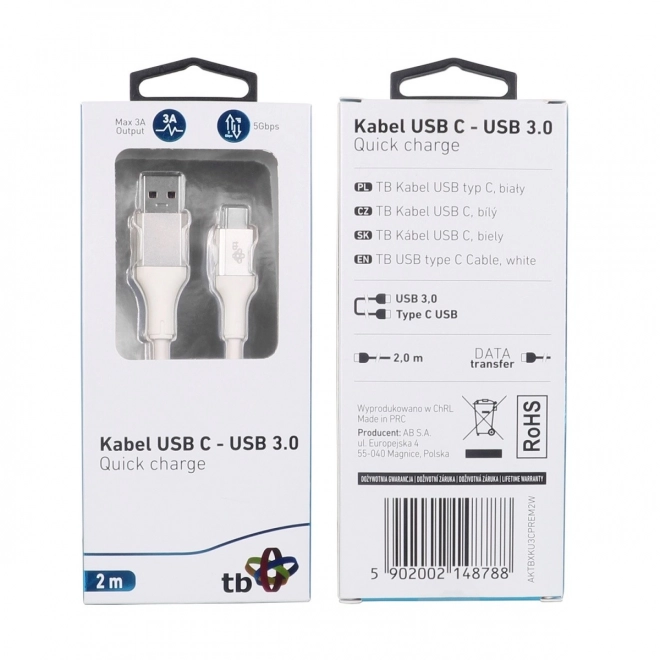 Witte USB 3.0 - USB C kabel 2m PREMIUM 3A TPE