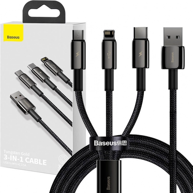 Baseus Tungsten Gold 3-in-1 laad- en datakabel USB naar Lightning / USB‑C / micro USB, 3,5 A, 1,5 m (zwart)