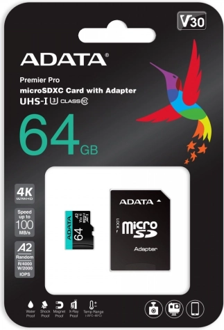 MicroSD-kaart Premier Pro 64 GB UHS-I U3 V30 A2 + SD-adapter