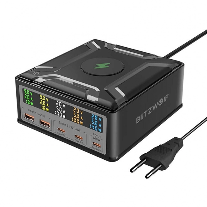 Blitzwolf BW-S28 260W, 2xUSB-A, 3xUSB-C, 15W draadloze oplader (zwart)