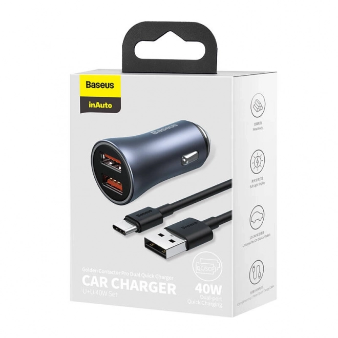 Baseus autolader met dubbele USB en USB-C kabel