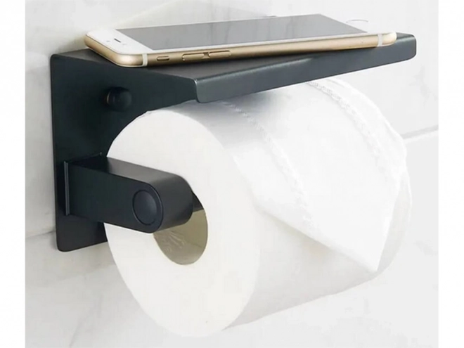 Stalen toiletrolhouder met plankje voor telefoon zwart
