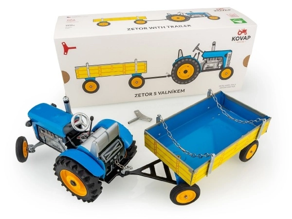 Tractor Zetor met aanhangwagen blauw op sleutel metaal 28cm Kovap in doos
