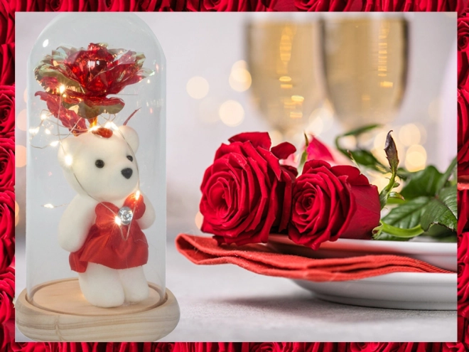 Eeuwige roos met teddybeer in glazen doos