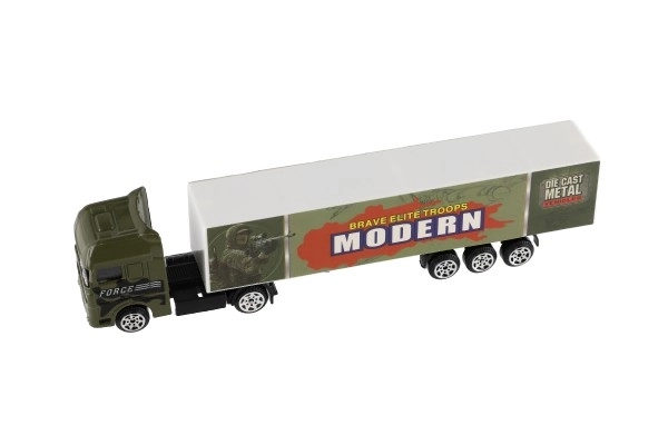 Vrachtwagen met aanhanger metaal/plastic 20cm vrij rollend assortiment in plastic doosje 20x5x3cm