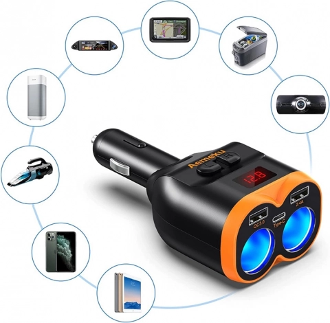 Aanstekerverdeler met USB-A en USB-C QC 3.0 lader