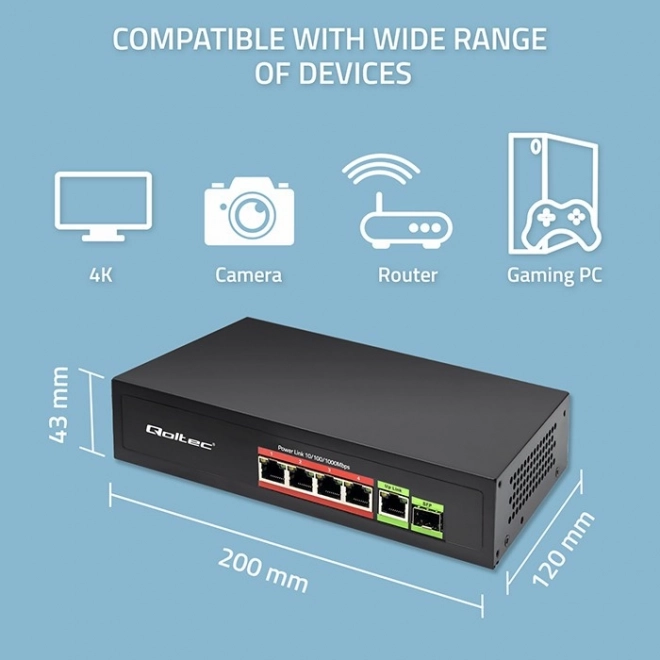 Switch Fast Ethernet PoE met 4x RJ45 PoE, 1x RJ45 Uplink en 1x SFP