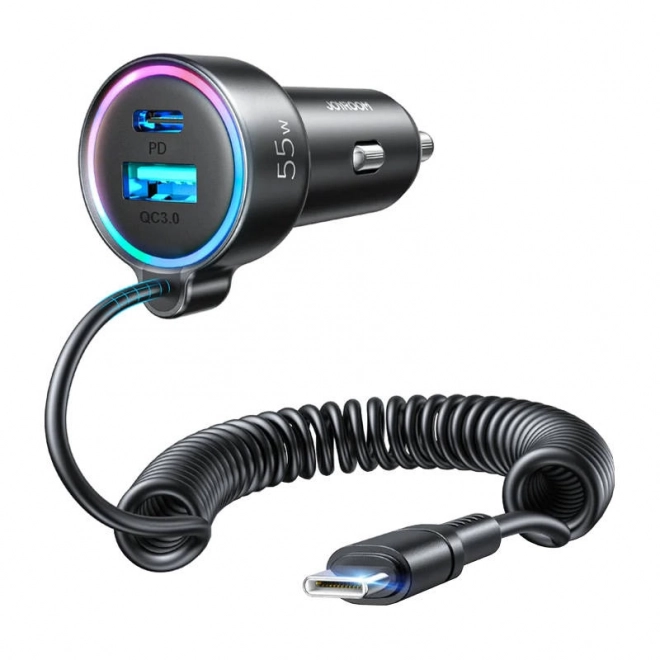 Autolader Joyroom JR-CL07, 3 in 1, 1x USB + 1x PD, 55W + Type-C kabel (zwart)