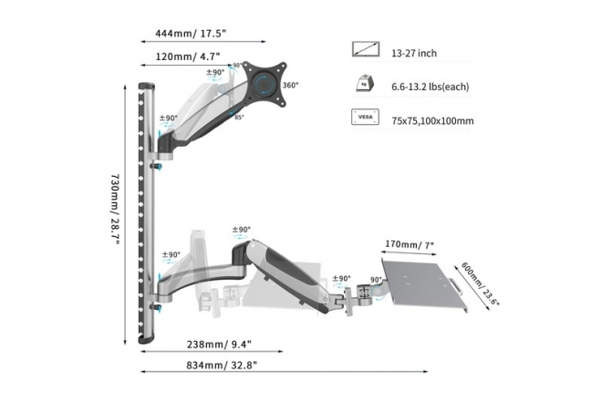 Wandarm voor monitor en toetsenbord, max. 27", max. 8kg, draaibaar 360°