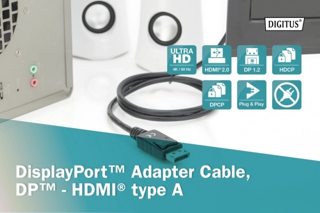 Adaptieve kabel DisplayPort 1.2 met klikbare connector 4K 60Hz UHD Type DP/HDMI A M/M zwart – 2 m