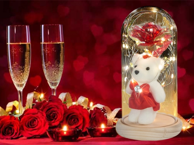 Eeuwige roos met teddybeer in glazen doos