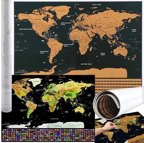Wereldkaart krasposter met vlaggen