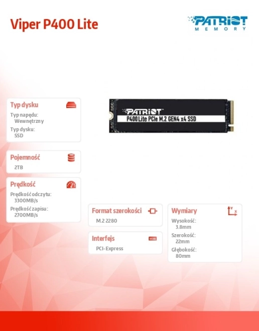 SSD-schijf 2TB Patriot P400 Lite 3300/2700 MB/s PCIe M.2 Gen 4x4 NVMe 1.4
