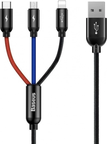 Baseus kabel 3-in-1 USB‑C / Lightning / Micro USB, 3,5 A, 0,3 m, zwart