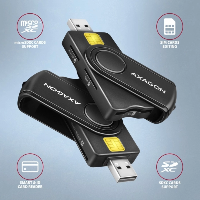 Zakkenkaartlezer AXAGON voor ID, SD, microSD en SIM kaarten met USB