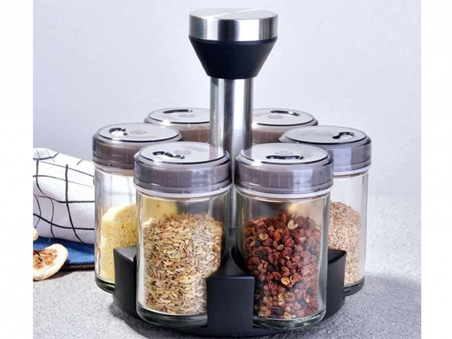 Draaiende specerijenorganizer met glazen potten
