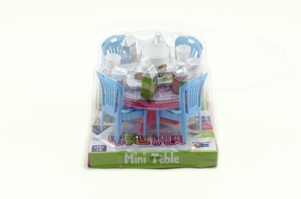 Tafel en stoelen met accessoires kunststof 12cm in blister