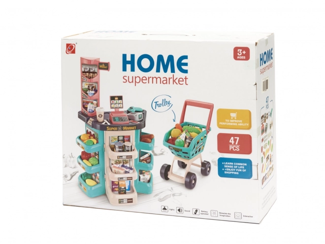 Kindersupermarkt met kassa en muntgroen karretje