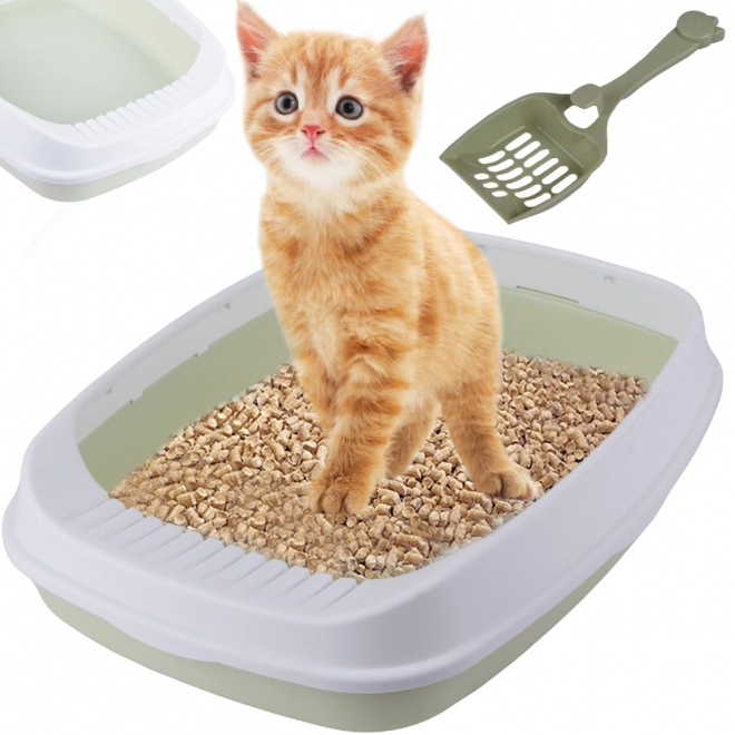 Open kattenbak met frame en schep