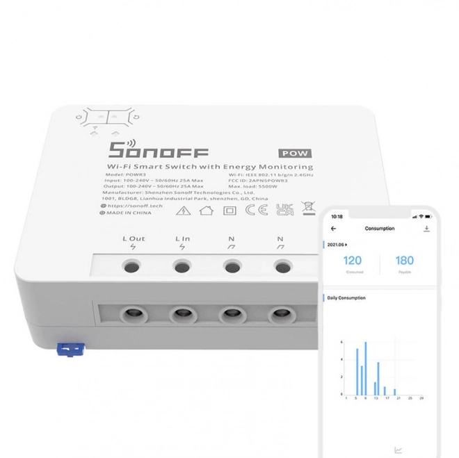 Slimme Wi-Fi-schakelaar met energiebewaking Sonoff POWR3 (25A/5500W)