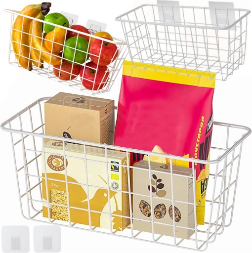 Hangende metalen wandmand met zelfklevende haken – witte draad organizer