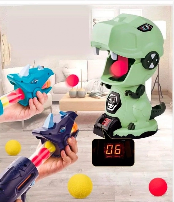 Interactieve spel Schieten op een Dinosaurus met pistolen en balletjes