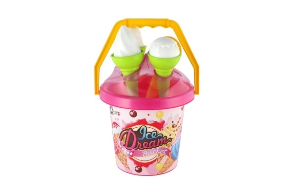 Zandset plastic emmer + ijshoornvormpjes 2 kleuren in net 18x28x17cm 12m+