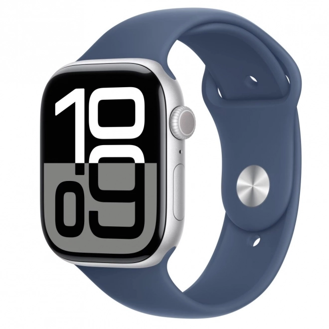 Apple Watch Series 10 GPS, zilverkleurige aluminiumbehuizing 46 mm met denim sportband S/M