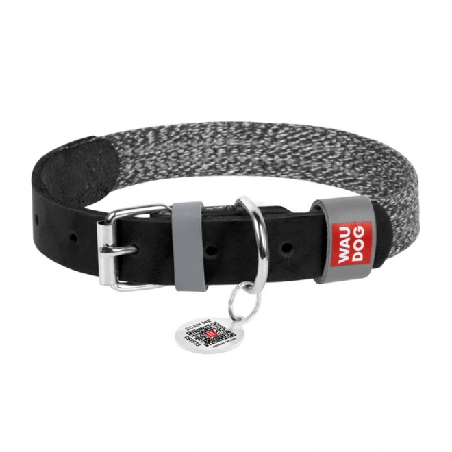 Halsband voor hond van natuurlijk leer met QR-code Waudog