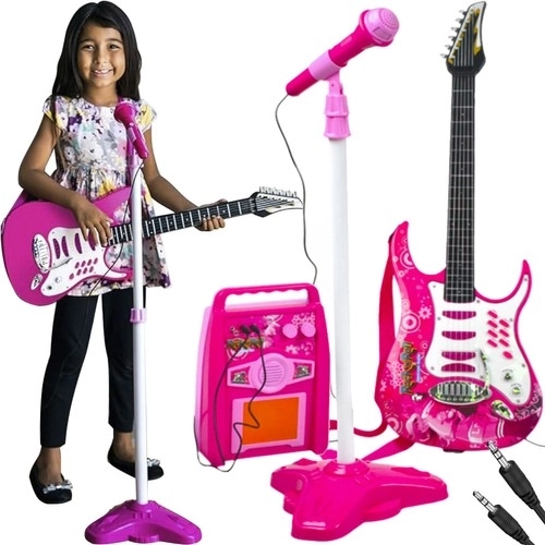 Gitaar + microfoon + versterker roze 22407