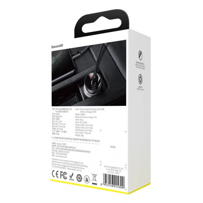 Autolader Baseus met display 2x USB