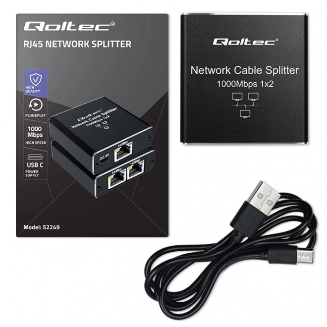 Splitter mini SWITCH 1x2 poorten RJ45 | 1000Mbps | USB-C| Aluminium