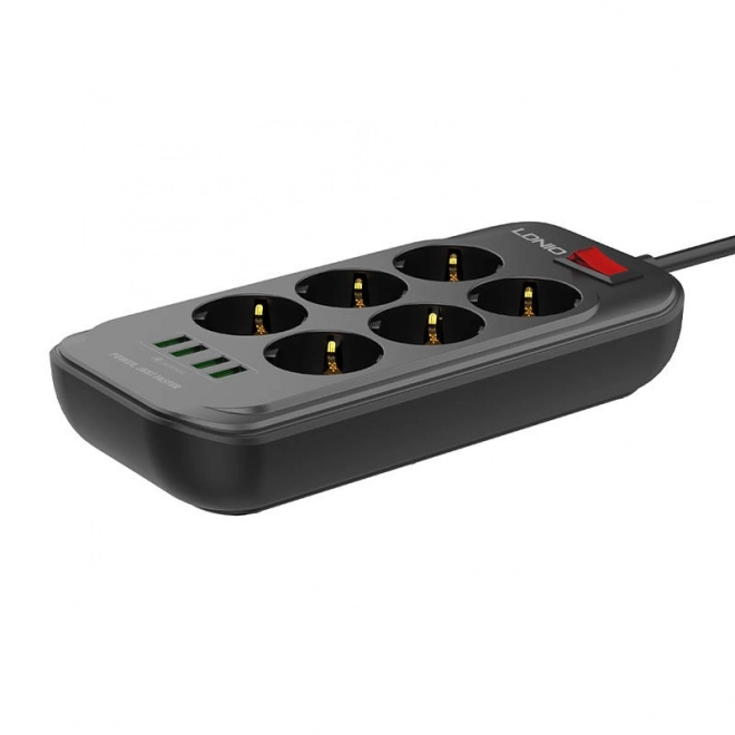 Stekkerdoos met 6 stopcontacten, 4x USB, LDNIO SE6403, 2m (zwart)